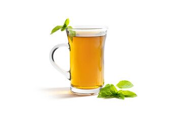 herbal tea in a glass mug and a fresh peppermint leaves, healthy drink hot or cold isolated on a white background