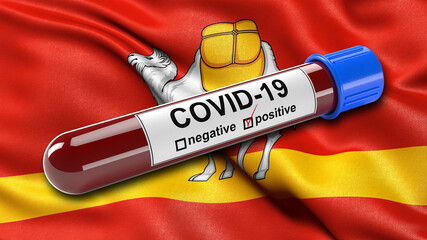 Wall Mural - Flag of Chelyabinsk Oblast waving in the wind with a positive Covid-19 blood test tube. 3D illustration concept for blood testing for diagnosis of the new Corona virus.