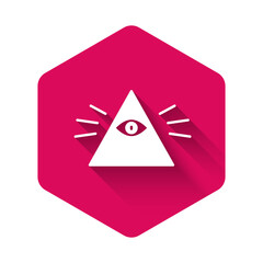 Wall Mural - White Masons symbol All-seeing eye of God icon isolated with long shadow. The eye of Providence in the triangle. Pink hexagon button. Vector Illustration