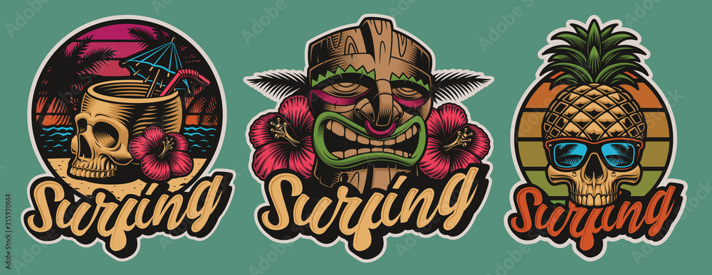 Set of colourful Hawaii surfing illustrations with skulls, tiki mask. These vector are perfect for logos, shirt prints and many other uses as well. - obrazy, fototapety, plakaty 