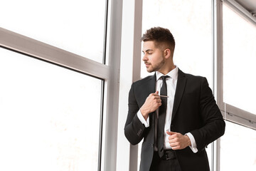 Sticker - Handsome young man in elegant suit near window