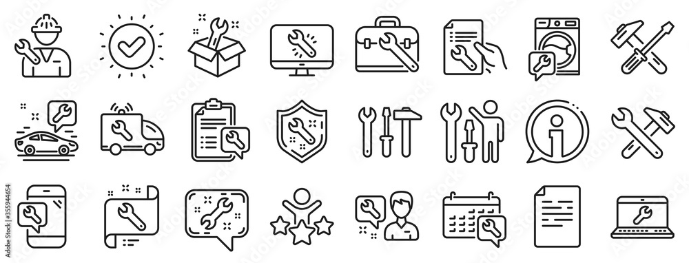 Set of Hammer, Screwdriver and Spanner tool icons. Repair car service line icons. Recovery, Washing machine repair, Car service. Engineer tool, Tech support. Spanner equipment, screwdriver. Vector - obrazy, fototapety, plakaty 