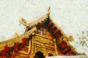 Ancient thai architecture Illustrations creates an impressionist style of painting.