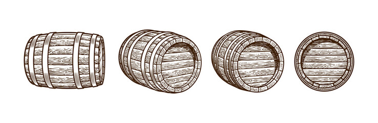 Wall Mural - vintage set of old wooden barrels in different positions. hand drawn engraving style vector illustra