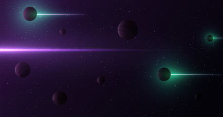 Wall Mural - planets 3d on background of stars and galaxy. light abstract lines of gamma rays pass through space.