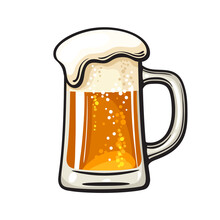 Big Mug Of Beer With Foam And Bubbles. Hand Drawn Vector Illustration Isolated On White Background.