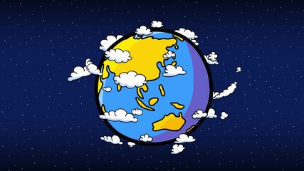 Earth, stars and space. Cartoon educational animation. Earth with clouds turning around. Stars in space background. Good for education, lessons, explainer...