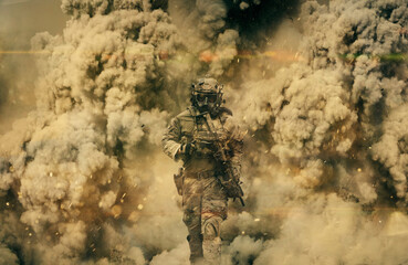 Wall Mural - Swat forces with gas mask between smoke and gas in battle field