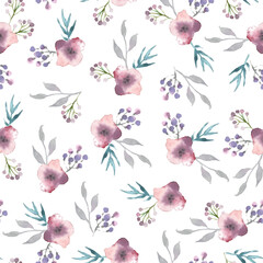 Vector watercolor seamless pattern with flowers and branches.