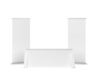 Canvas Print - Blank tradeshow tablecloth with roll-up banners aside