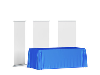 Poster - Blank tradeshow tablecloth with roll-up banners aside