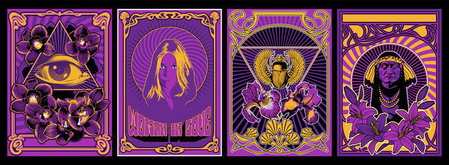 Wall Mural - psychedelic art poster set, 1960s hippie style placards, woman in love, eye in triangle, egyptian sc