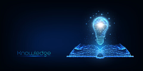 Wall Mural - futuristic knowledge, creative thinking concept with glowing low polygonal book and lightbulb