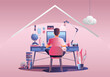 Work from home concept, Young man freelancers working on laptops at home. People at home in quarantine. Pink background Back view, Staying at home vector illustration. Flat Design character