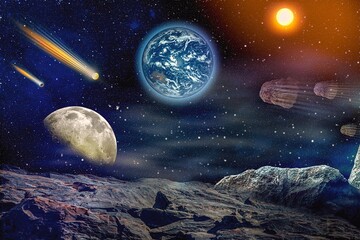 Wall Mural - meteorite, outer space planet earth, moon and stars. illustration. nasa
