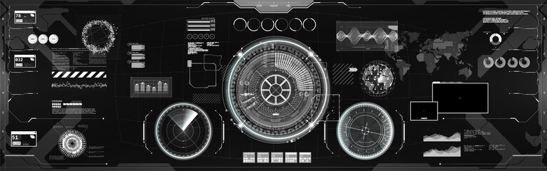 Wall Mural - Black and white UI, GUI elements in HUD style. Virtual cockpit or control center, spaceship dashboard with futuristic user interface HUD (radar, circle gadgets, Earth Globe, sound wave and other)