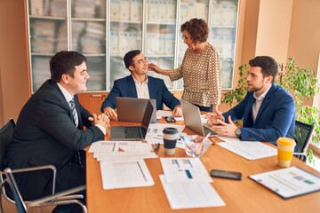 Wall Mural - Business lawyers workers meeting at law firm office. Professional executive partners working on finance strategry at the workplace