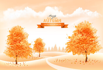 Beautiful autumn nature background with a goldl trees and landscape. Vector.