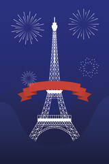 Sticker - france eiffel tower ribbon and fireworks of happy bastille day vector design