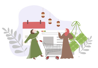 Muslim women characters shopping online to celebrate the Eid holiday modern flat cartoon style vector.