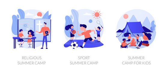 Wall Mural - Recreational and educational activities for children metaphors. Religious camp, sport classes, summer camping. Hiking adventure for kids. Vector isolated concept metaphor illustrations.