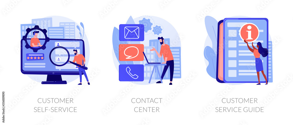 Client support online helpline. Digital product maintenance tutorial. Customer self-service, contact center, customer service guide metaphors. Vector isolated concept metaphor illustrations - obrazy, fototapety, plakaty 