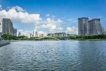 Modern business building by the small lake