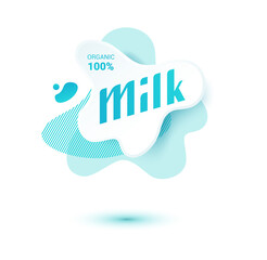 Milk badge and dairy labels with splashes and bolts. Milk badge with drop and splash for labels of package. Liquid amoeba shapes.