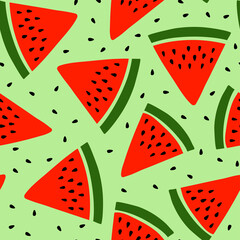 Wall Mural - Watermelon seamless pattern. Hand drawn fresh berry slice. Vector sketch background. Red and green print for kitchen tablecloth, curtain or dishcloth. Fashion design