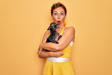 Canvas Print - Middle age senior pin up woman wearing 50s style retro dress holding chihuahua dog scared in shock with a surprise face, afraid and excited with fear expression