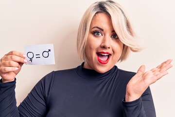 Wall Mural - Blonde plus size woman asking for sex equality holding paper with gender equal message celebrating achievement with happy smile and winner expression with raised hand