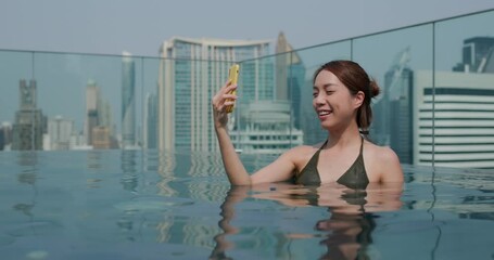 Poster - Woman take selfie on cellphone inside swimming pool