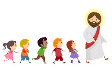 Stickman Kids Follow Jesus Walk Right Illustration