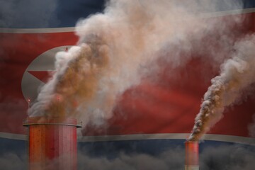 Global warming concept - heavy smoke from industry pipes on North Korea flag background with place for your text - industrial 3D illustration