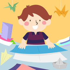 Sticker - Kid Boy Folding Papers Origami Illustration