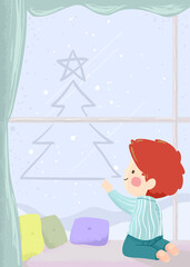 Poster - Kid Boy Draw Xmas Tree Window Fog Illustration