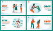 Templates set of web pages to stop bullying with characters of teenagers or schoolchildren, flat vector illustration. The social problem of bullying among young people.