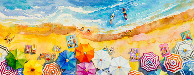 Painting watercolor seascape Top view colorful of lovers family vacation.