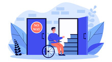 Handicapped Man In Wheelchair Looking At Staircase. Help, Restriction, Inability Flat Vector Illustration. Social Problem And Assistance Concept For Banner, Website Design Or Landing Web Page