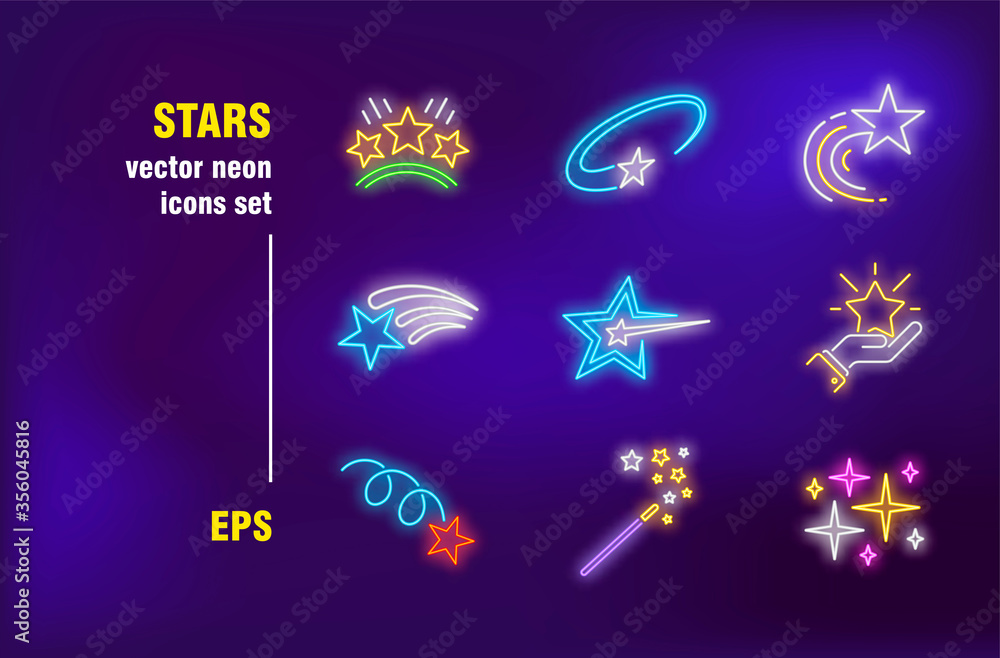 Stars neon signs collection. Magic wound, lightning and shining. Vector illustrations for night bright advertisement. Holiday and entertainment concept - obrazy, fototapety, plakaty 