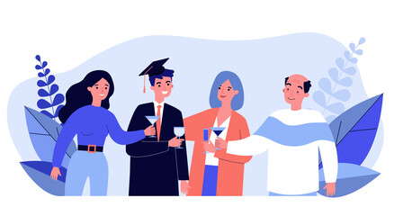 Wall Mural - family celebrating university graduation of son. diploma, degree, student flat vector illustration. 