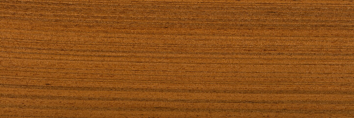 Wall Mural - New teak veneer background in elegant dark brown color. Natural wood texture, pattern of a long veneer sheet, plank.