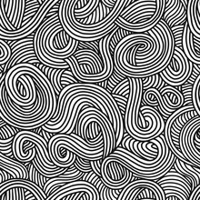 Noodle Doodle, Hand-drawn Seamless Pattern. Black Wavy Lines On A White Background