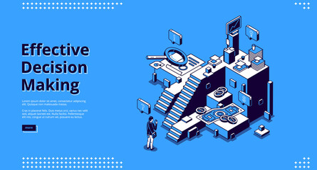Effective decision making banner. Concept of choose right way in business, job or life. Vector landing page with isometric illustration of confused man and stairs for different options