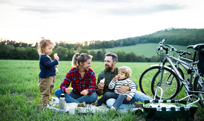Wall Mural - family with two small children on cycling trip, sitting on grass and resting.