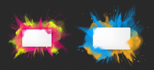 Wall Mural - holi paint powder color explosion banner realistic vector. blue pink yellow dust splash, spring holi