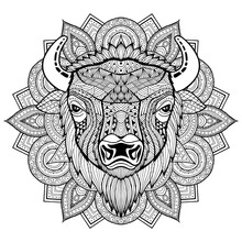 Bull. Bison. Coloring Is Hand-drawn In The Style Of Zentangle, Doodle. Full Face Illustration Animal's Head Black Lines On A White Background. Ethnic Ornaments Indian, Mexican. Vector Background