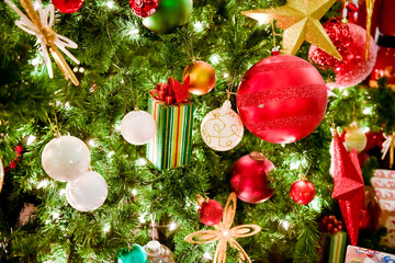 Christmas tree and Christmas decorations, Beautiful decorated christmas tree. Holiday background. Closeup