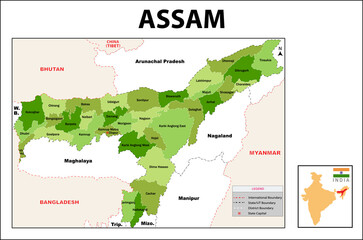  Assam map. Political and administrative map of Assam with districts name. Showing International and State boundary and district boundary of Assam. Vector illustration of districts map.