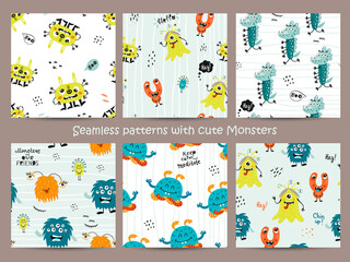 Wall Mural - Set of childish seamless pattern with funny monsters.